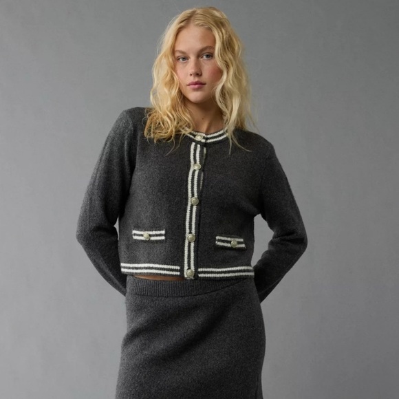 American Eagle Outfitters Sweaters - American Eagle Outfitters Whoa So Soft Crew Neck Lady Cardigan, gray/white, XS